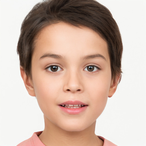 Joyful white child female with short  brown hair and brown eyes