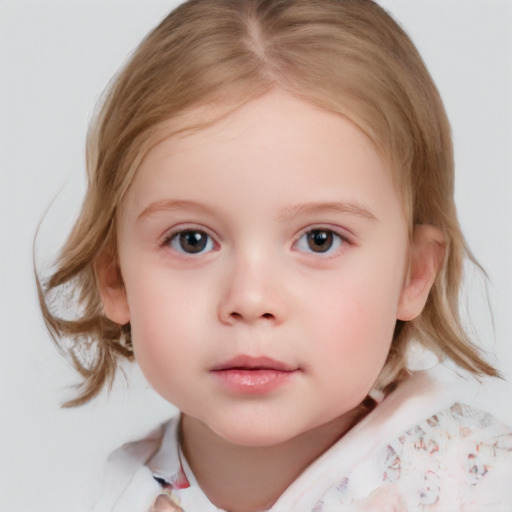 Neutral white child female with medium  brown hair and blue eyes