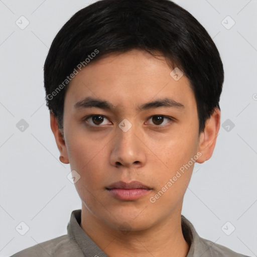 Neutral asian young-adult male with short  black hair and brown eyes