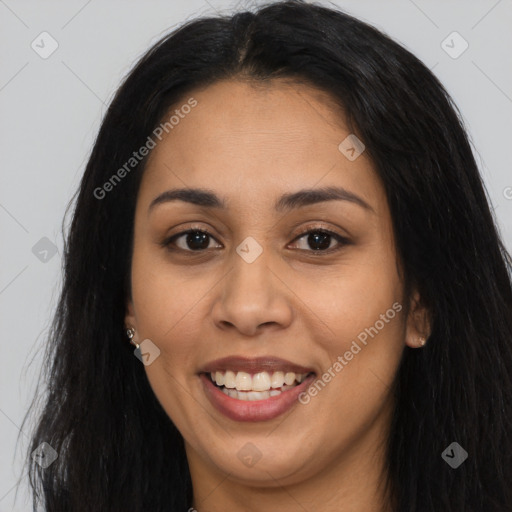 Joyful latino young-adult female with long  brown hair and brown eyes