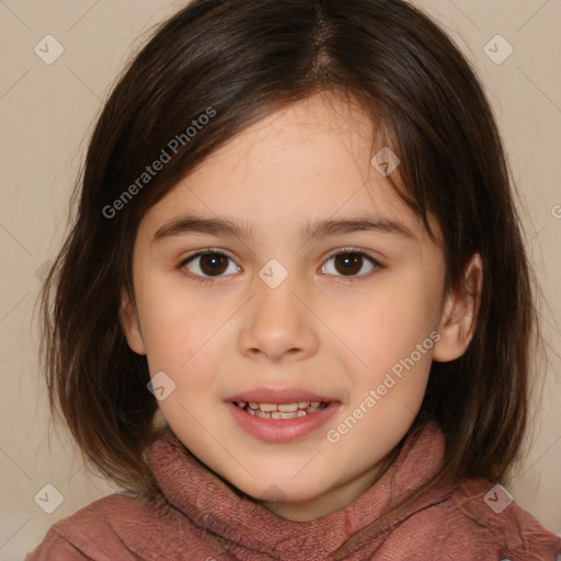 Joyful white child female with medium  brown hair and brown eyes