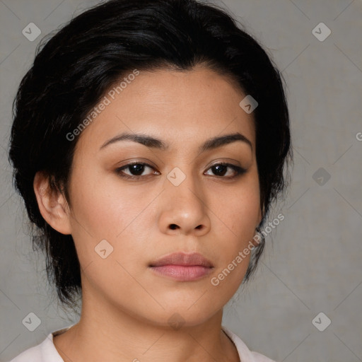 Neutral asian young-adult female with medium  black hair and brown eyes