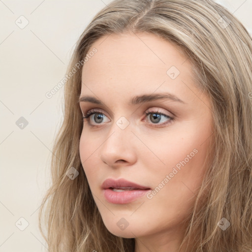 Neutral white young-adult female with long  brown hair and grey eyes