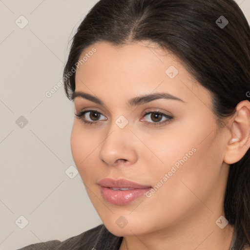 Neutral white young-adult female with long  brown hair and brown eyes