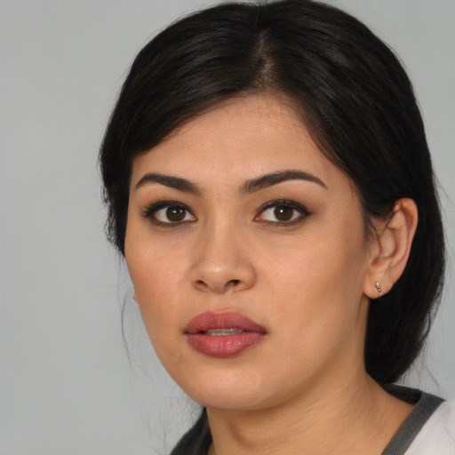 Neutral asian young-adult female with medium  black hair and brown eyes
