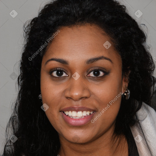 Joyful latino young-adult female with long  black hair and brown eyes