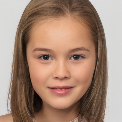 Joyful white child female with long  brown hair and brown eyes