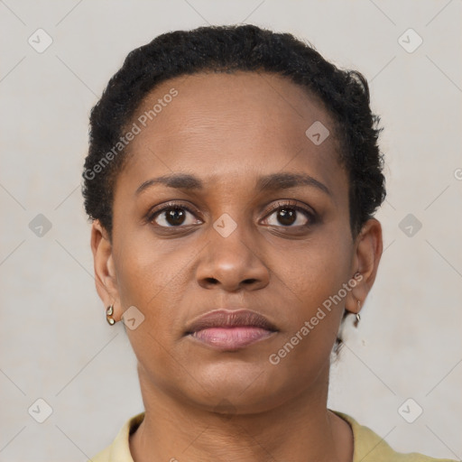 Neutral black young-adult female with short  brown hair and brown eyes