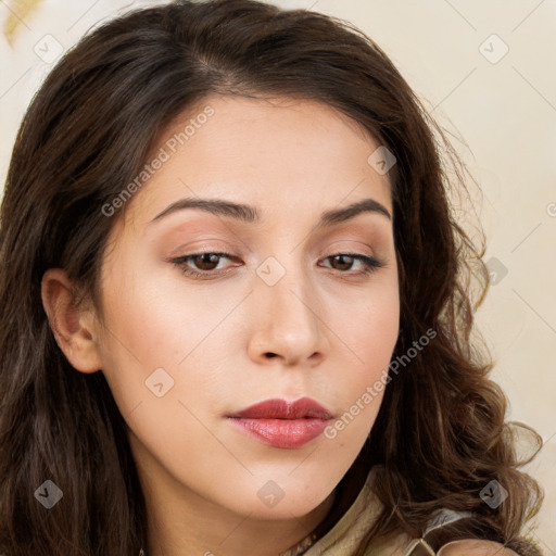 Neutral white young-adult female with long  brown hair and brown eyes