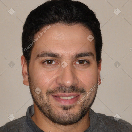 Joyful white young-adult male with short  black hair and brown eyes