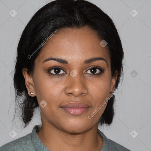 Joyful asian young-adult female with medium  black hair and brown eyes