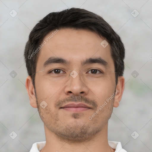 Neutral asian young-adult male with short  black hair and brown eyes