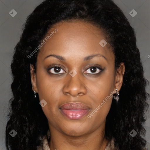 Joyful black young-adult female with long  brown hair and brown eyes