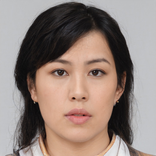 Neutral asian young-adult female with medium  black hair and brown eyes