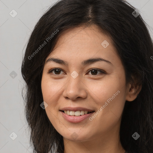 Joyful white young-adult female with long  brown hair and brown eyes