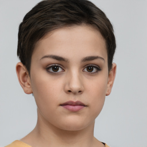 Neutral white young-adult female with short  brown hair and brown eyes