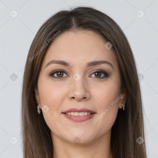 Joyful white young-adult female with long  brown hair and brown eyes