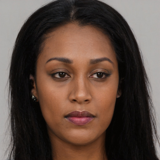Neutral asian young-adult female with long  black hair and brown eyes