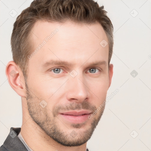 Neutral white young-adult male with short  brown hair and grey eyes