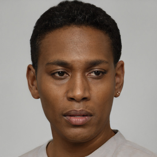Neutral black young-adult male with short  black hair and brown eyes