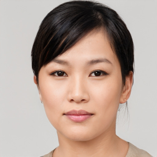 Neutral asian young-adult female with short  black hair and brown eyes