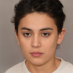 Neutral white young-adult female with short  brown hair and brown eyes