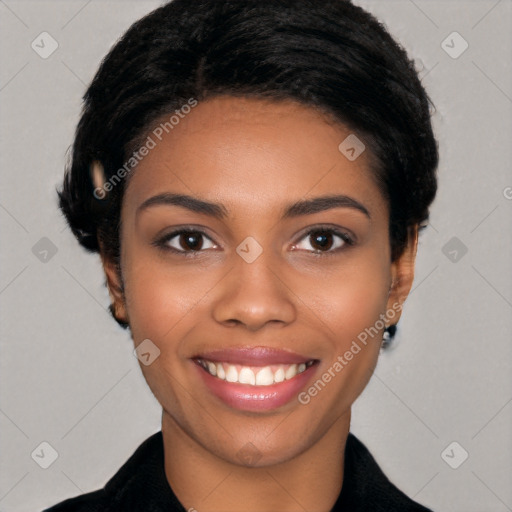 Joyful latino young-adult female with short  black hair and brown eyes