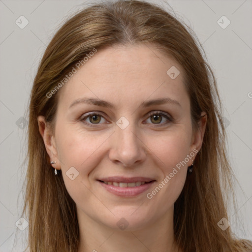 Joyful white young-adult female with long  brown hair and grey eyes