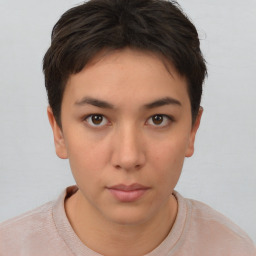 Neutral white young-adult female with short  brown hair and brown eyes