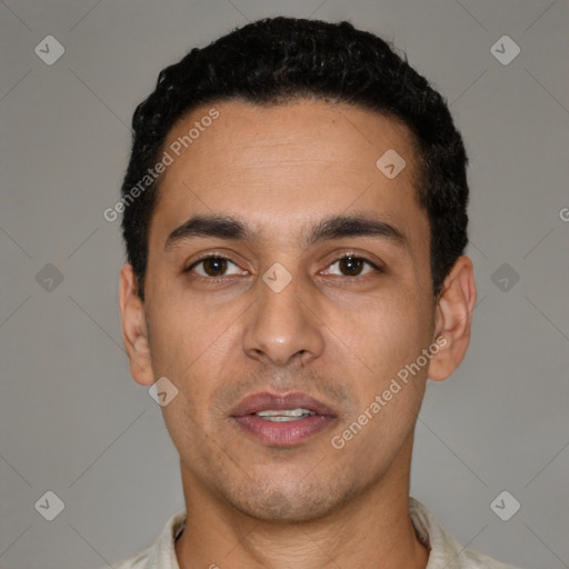 Neutral latino young-adult male with short  black hair and brown eyes