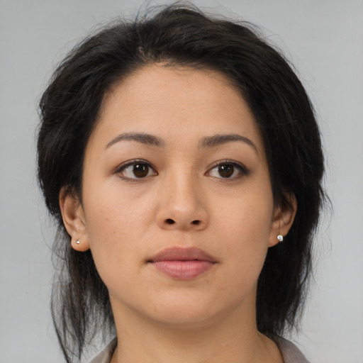 Neutral asian young-adult female with medium  brown hair and brown eyes