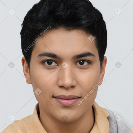 Joyful latino young-adult male with short  black hair and brown eyes