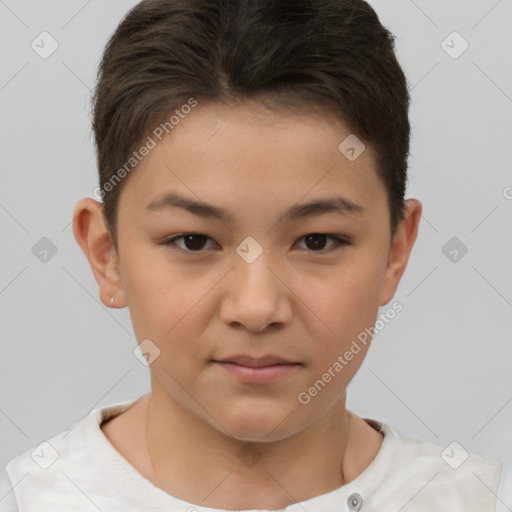 Joyful white child female with short  brown hair and brown eyes