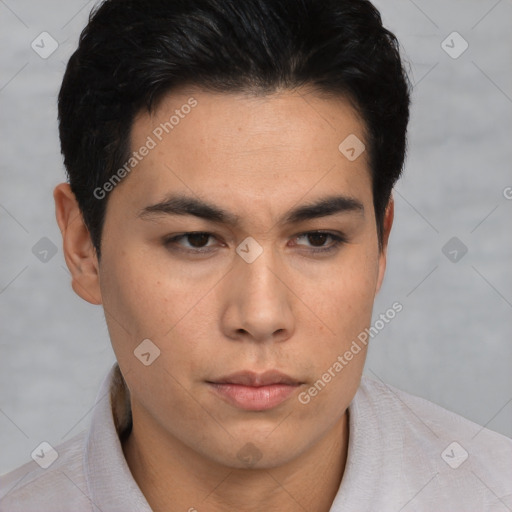 Neutral asian young-adult male with short  brown hair and brown eyes