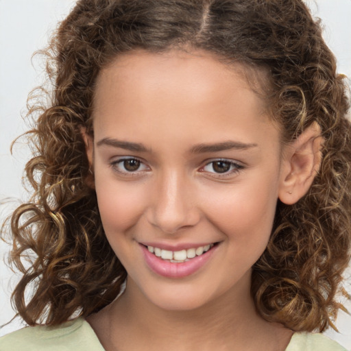 Joyful white child female with medium  brown hair and brown eyes