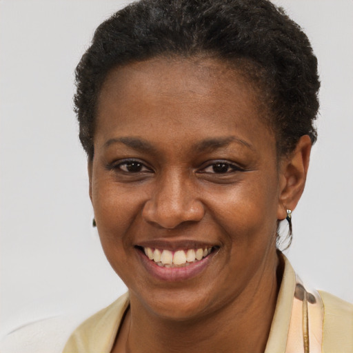 Joyful black young-adult female with short  brown hair and brown eyes