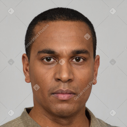 Neutral latino young-adult male with short  black hair and brown eyes