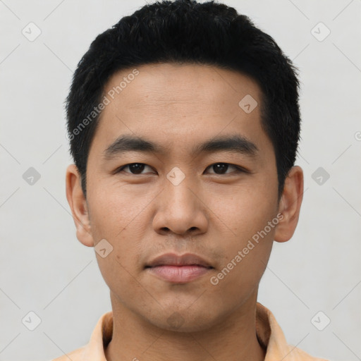 Neutral asian young-adult male with short  black hair and brown eyes