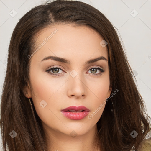 Neutral white young-adult female with long  brown hair and brown eyes