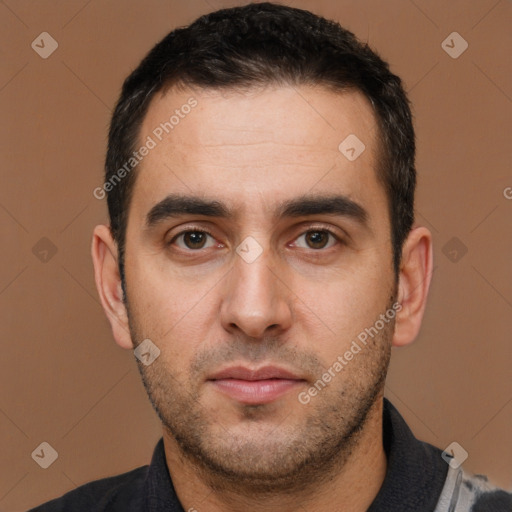 Neutral white young-adult male with short  brown hair and brown eyes