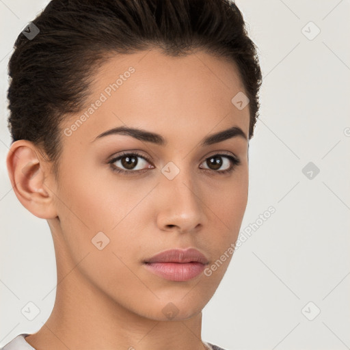 Neutral white young-adult female with short  brown hair and brown eyes