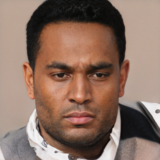 Neutral black adult male with short  black hair and brown eyes