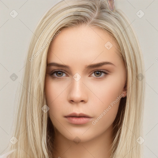 Neutral white young-adult female with long  brown hair and brown eyes