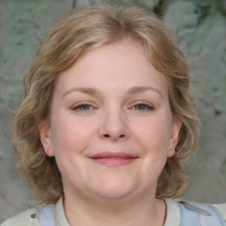 Joyful white young-adult female with medium  brown hair and blue eyes