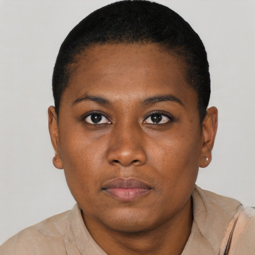 Neutral black young-adult female with short  brown hair and brown eyes