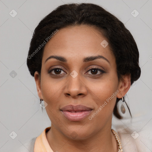 Joyful latino young-adult female with short  brown hair and brown eyes