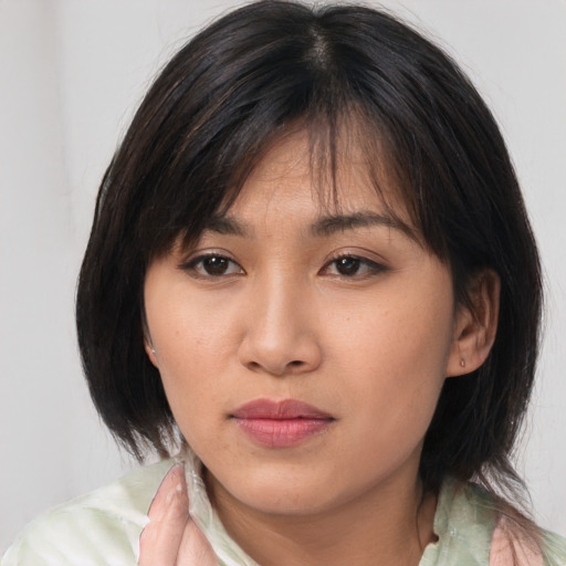 Neutral asian young-adult female with medium  brown hair and brown eyes
