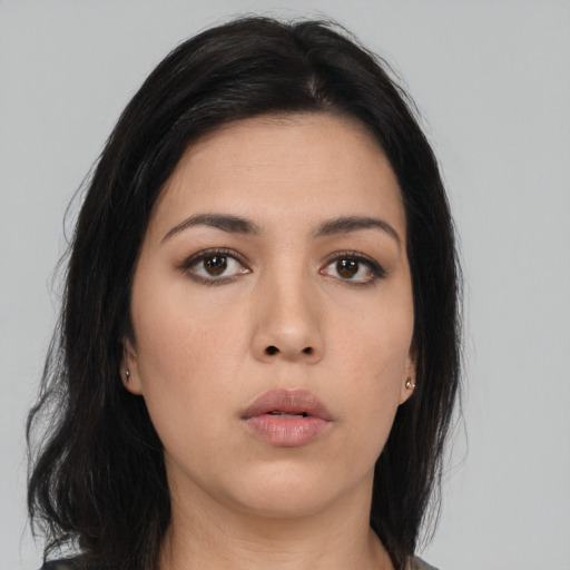 Neutral asian young-adult female with long  black hair and brown eyes