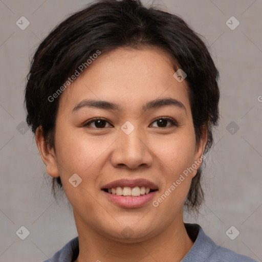 Joyful white young-adult female with medium  brown hair and brown eyes