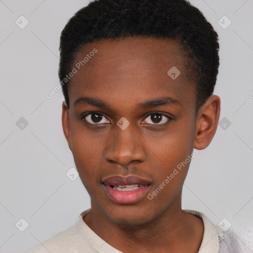 Neutral black young-adult male with short  black hair and brown eyes